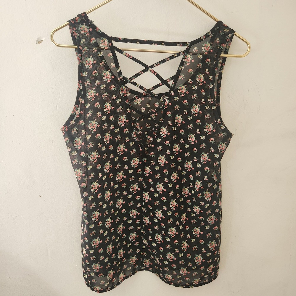Delias Floral Sheer Chiffon Tank Top Strappy Criss Cross Neck Black XS - Picture 4 of 4